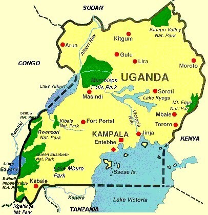 Map of Uganda with Jinja marked